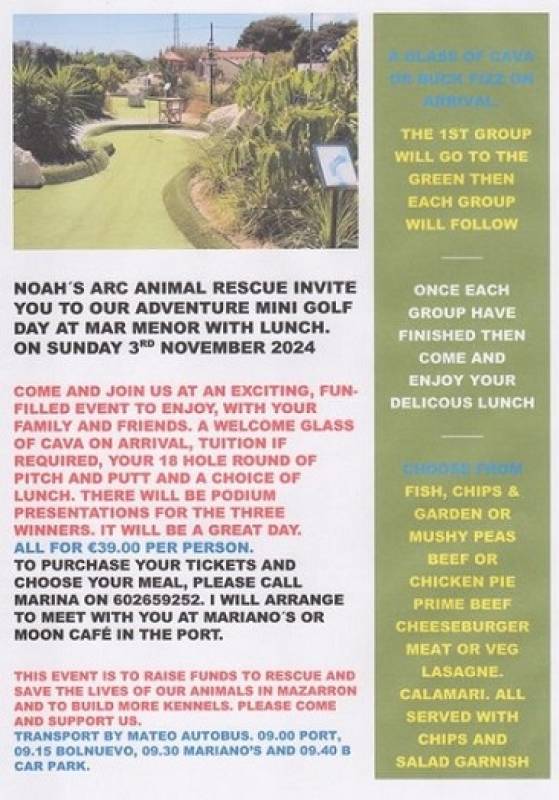 November 3 Noahs Arc Adventure mini golf day Mar Menor with lunch included