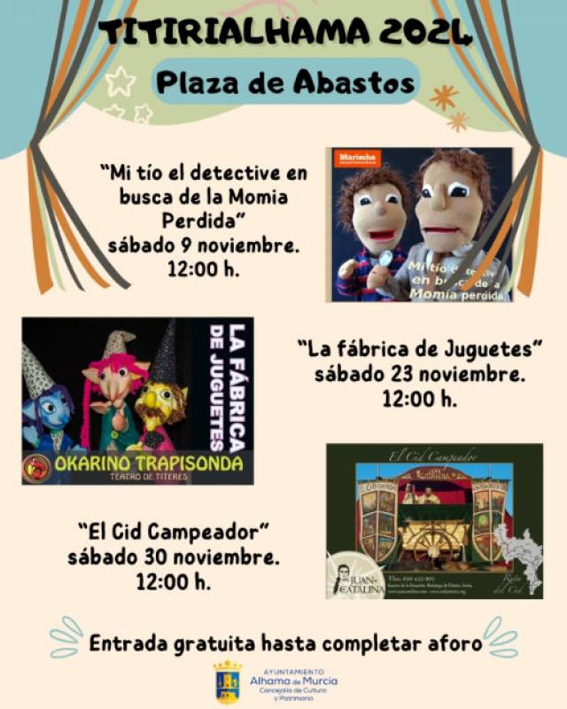 Saturdays in November, free puppet theatre for children at the Alhama de Murcia food market